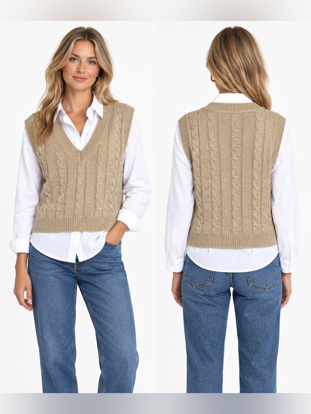 Altar’d State Women’s Cropped Cable Knit V-Neck Sweater Vest - Beige Size M
